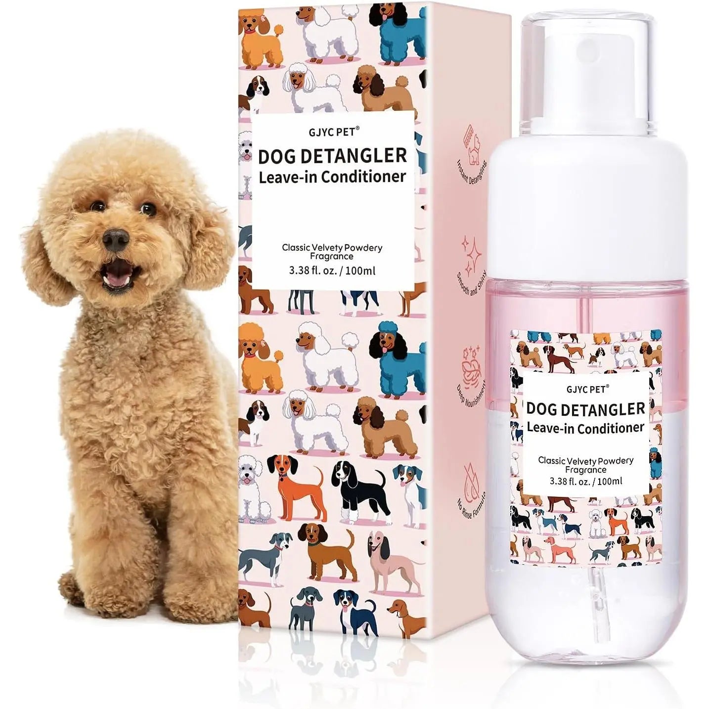 GJYC PET Dog Detangler & Dematting Liquid Spray - Leave-In Conditioner with Classic Powdery Scent, Natural Ingredients, Coconut Oil, Jojoba Oil, Squalane, Gentle & Safe for Puppies, No Sticky Residue, 3.38 Fl.Oz, 36 Months Shelf Life, Gentle and Safe For,