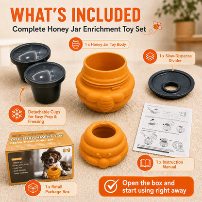 3-in-1 Honey Jar Dog Toy - Freezable Lick Bowl, Treat Dispenser, and Chew-Resistant Enrichment Toy with Dual Detachable Cups for Freeze Use, Daily Play, and Camping Essentials