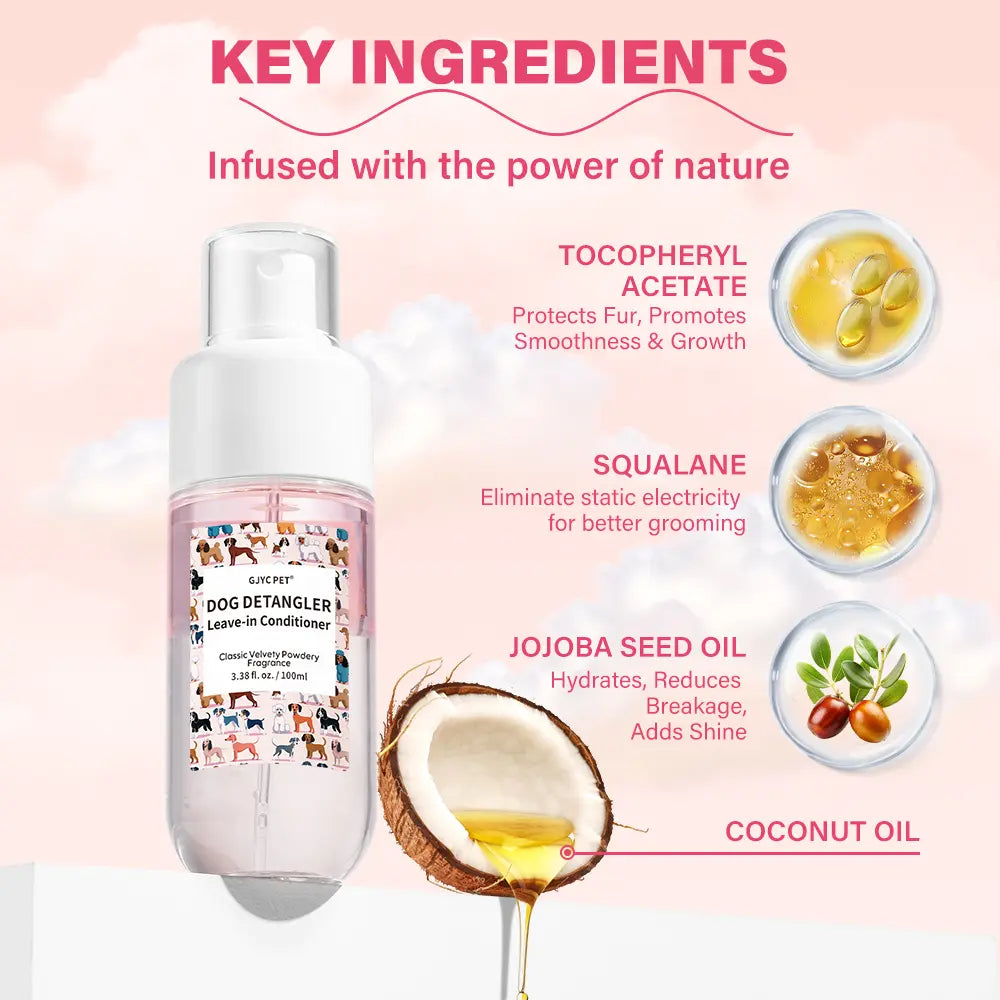 GJYC PET Dog Detangler & Dematting Liquid Spray - Leave-In Conditioner with Classic Powdery Scent, Natural Ingredients, Coconut Oil, Jojoba Oil, Squalane, Gentle & Safe for Puppies, No Sticky Residue, 3.38 Fl.Oz, 36 Months Shelf Life, Gentle and Safe For,