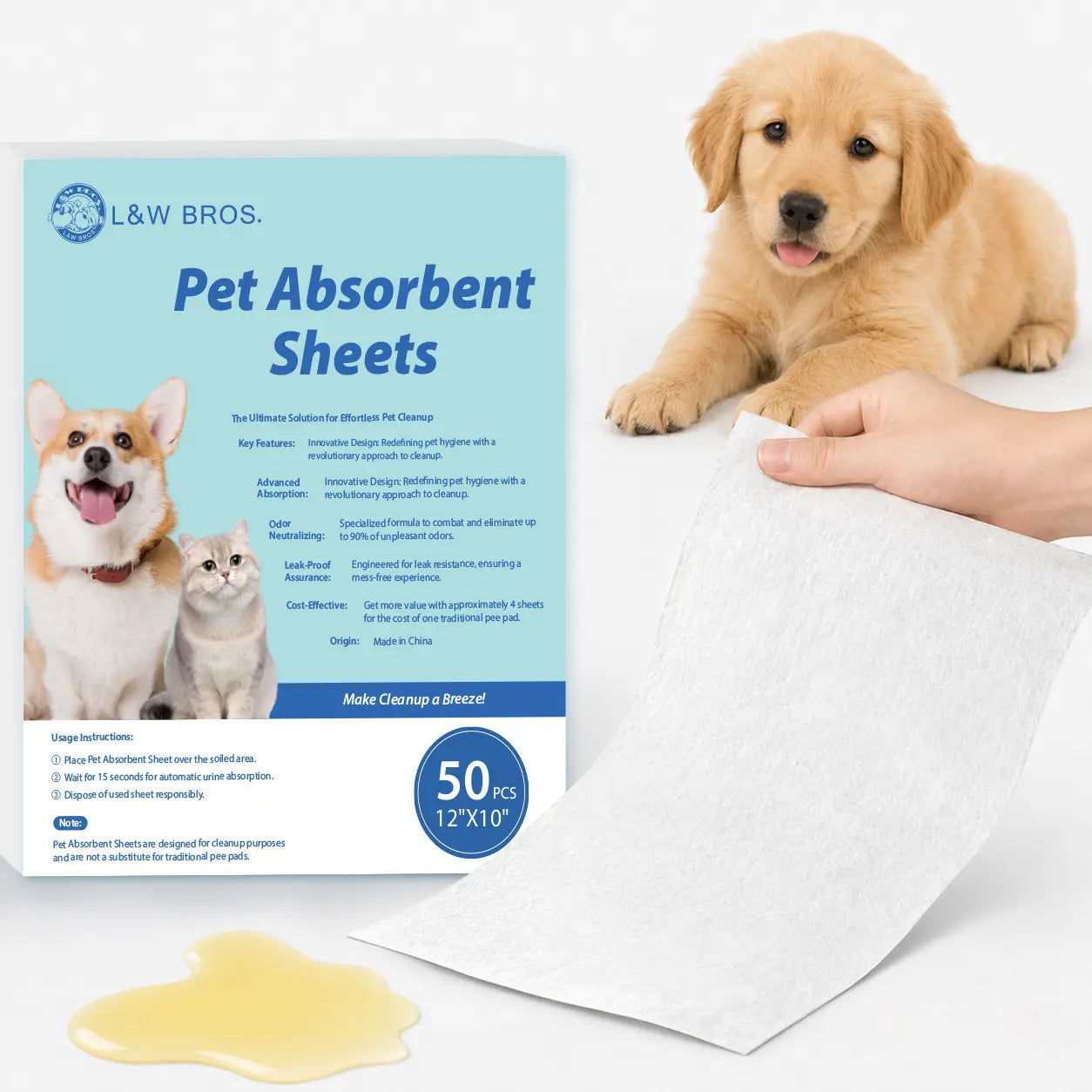 L&W BROS. Pet Absorbent Sheets - Advanced Quick Absorbent Paper Towels for Effective Dog Urine Stain and Odor Removal