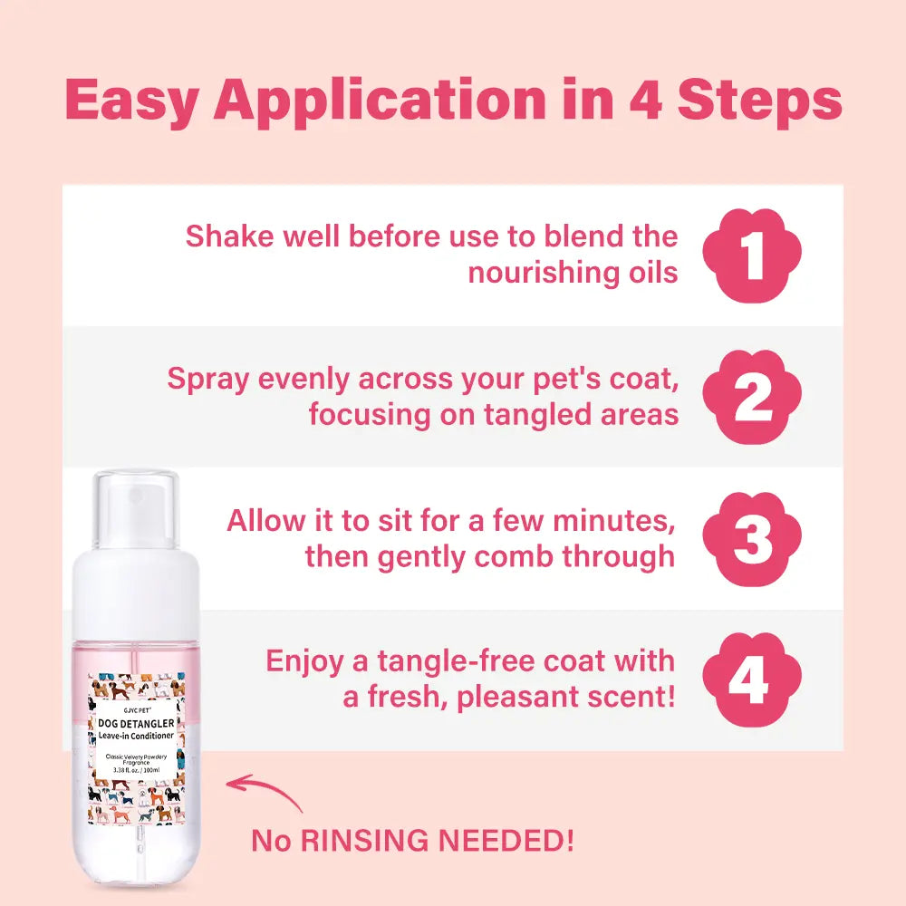 GJYC PET Dog Detangler & Dematting Liquid Spray - Leave-In Conditioner with Classic Powdery Scent, Natural Ingredients, Coconut Oil, Jojoba Oil, Squalane, Gentle & Safe for Puppies, No Sticky Residue, 3.38 Fl.Oz, 36 Months Shelf Life, Gentle and Safe For,