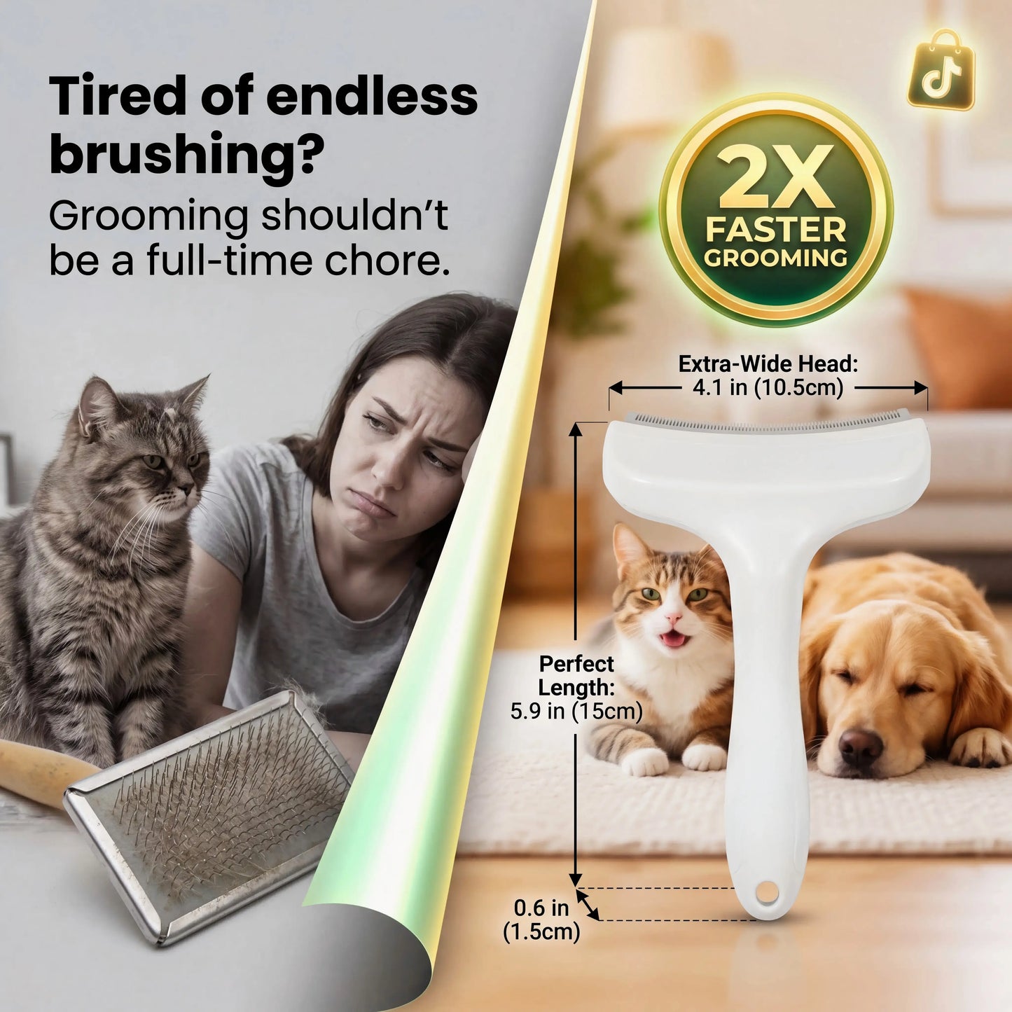 Professional Pet Deshedding Brush - Compact Undercoat Rake with Dense Teeth, Gentle on Skin, Premium Plastic Tool for Long-Hair Dogs & Cats, Fast Fur Removal, Dematting, Easy Daily Clean