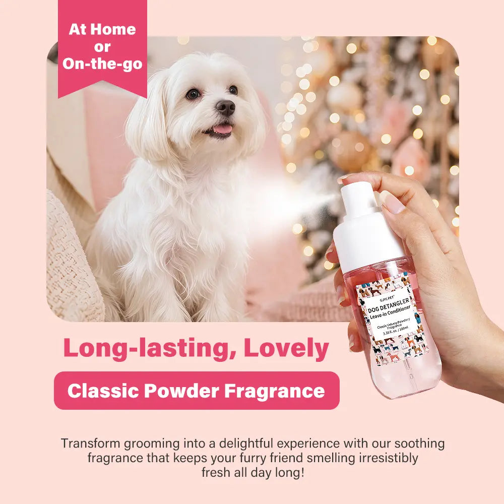 GJYC PET Dog Detangler & Dematting Liquid Spray - Leave-In Conditioner with Classic Powdery Scent, Natural Ingredients, Coconut Oil, Jojoba Oil, Squalane, Gentle & Safe for Puppies, No Sticky Residue, 3.38 Fl.Oz, 36 Months Shelf Life, Gentle and Safe For,