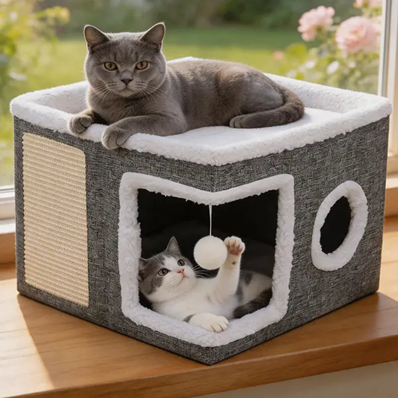 Large Cat Bed for Indoor Cats, Soft Foldable Cat Cave Hideaway for Kittens & Adult Cats with Sisal Scratch Pad & Hanging Fluffy Ball, 16.5"X16.5"X14", Grey