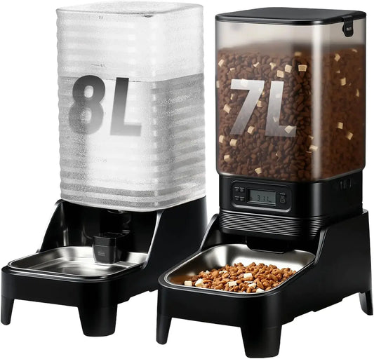 Automatic Pet Feeder & Water Dispenser Combo, 7L Timed Food Dispenser + 8L Gravity Waterer with Stainless Steel Bowls, Raised Anti-Strain Base, up to 6 Programmable Meals, Battery & Plug-In Dual Power for Cats & Small Dogs