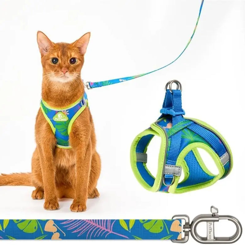 Petthem Adjustable Reflective Soft Mesh Cat Harness and Leash Set - Lightweight, Escape-Proof Walking Vest for Cats and Small Dogs, Perfect for Outdoor Adventures