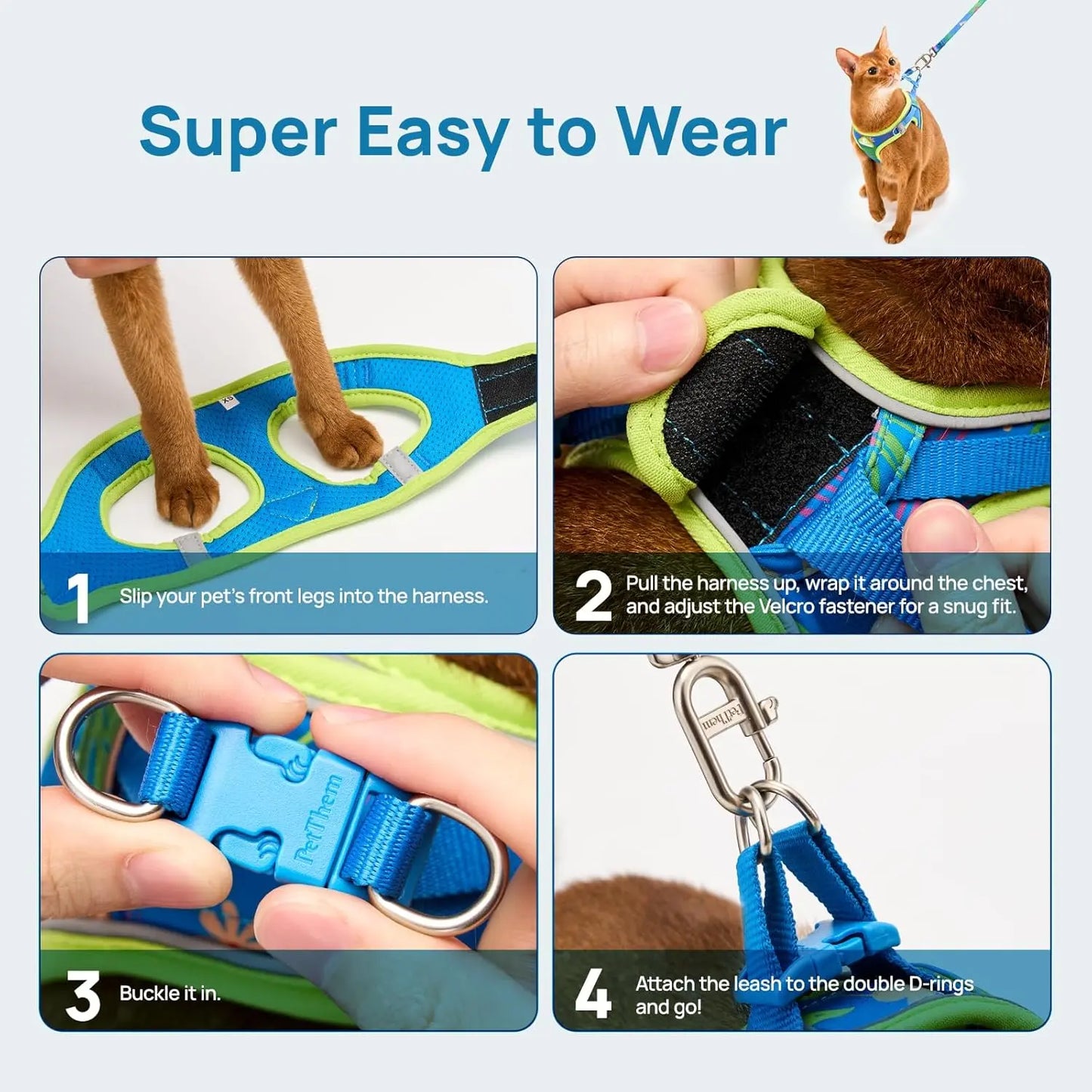 Petthem Adjustable Reflective Soft Mesh Cat Harness and Leash Set - Lightweight, Escape-Proof Walking Vest for Cats and Small Dogs, Perfect for Outdoor Adventures