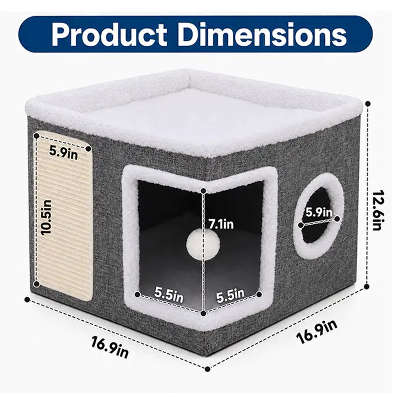 Large Cat Bed for Indoor Cats, Soft Foldable Cat Cave Hideaway for Kittens & Adult Cats with Sisal Scratch Pad & Hanging Fluffy Ball, 16.5"X16.5"X14", Grey