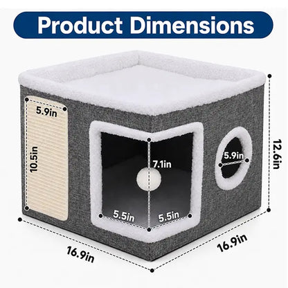Large Cat Bed for Indoor Cats, Soft Foldable Cat Cave Hideaway for Kittens & Adult Cats with Sisal Scratch Pad & Hanging Fluffy Ball, 16.5"X16.5"X14", Grey