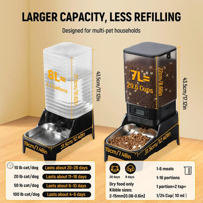 Automatic Pet Feeder & Water Dispenser Combo, 7L Timed Food Dispenser + 8L Gravity Waterer with Stainless Steel Bowls, Raised Anti-Strain Base, up to 6 Programmable Meals, Battery & Plug-In Dual Power for Cats & Small Dogs