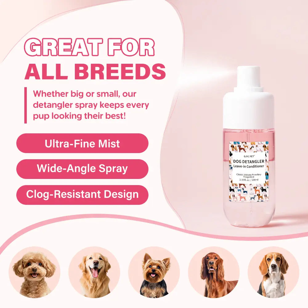 GJYC PET Dog Detangler & Dematting Liquid Spray - Leave-In Conditioner with Classic Powdery Scent, Natural Ingredients, Coconut Oil, Jojoba Oil, Squalane, Gentle & Safe for Puppies, No Sticky Residue, 3.38 Fl.Oz, 36 Months Shelf Life, Gentle and Safe For,
