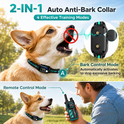 Sevy 3300FT Waterproof E Collar with Beep/Vibration/Shock/Anti Bark 4 Modes for Small Medium Large Dogs, 2-In-1 Dog Shock & Bark Collar 2 Pack, Color Screen Dog Training Collar with Remote for 2 Dogs, Rechargeable LCD Dog Training Collar Puppy Tool Guard