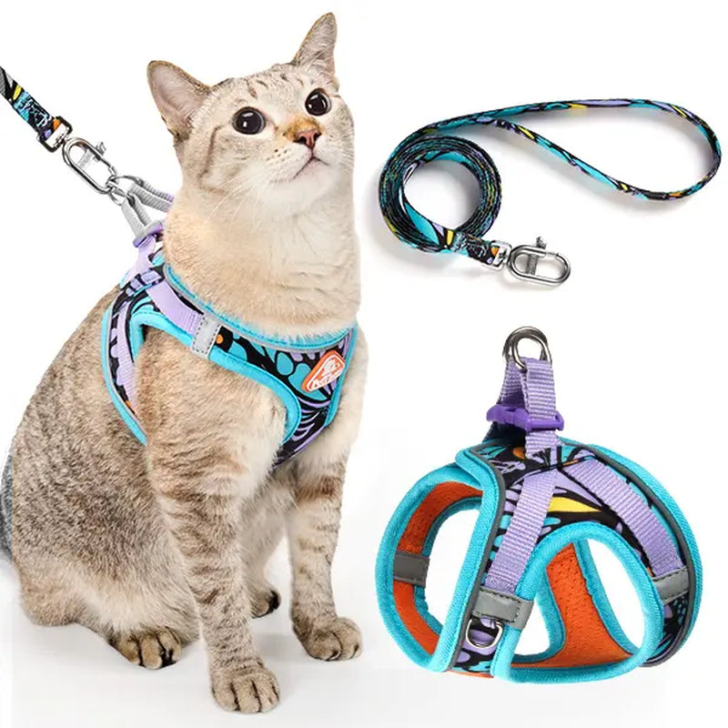 Petthem Adjustable Reflective Soft Mesh Cat Harness and Leash Set - Lightweight, Escape-Proof Walking Vest for Cats and Small Dogs, Perfect for Outdoor Adventures
