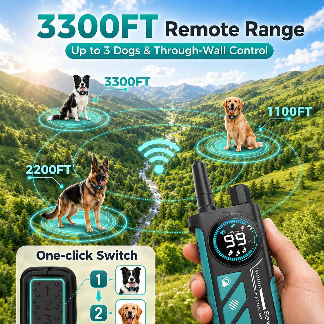 Sevy 3300FT Waterproof E Collar with Beep/Vibration/Shock/Anti Bark 4 Modes for Small Medium Large Dogs, 2-In-1 Dog Shock & Bark Collar 2 Pack, Color Screen Dog Training Collar with Remote for 2 Dogs, Rechargeable LCD Dog Training Collar Puppy Tool Guard